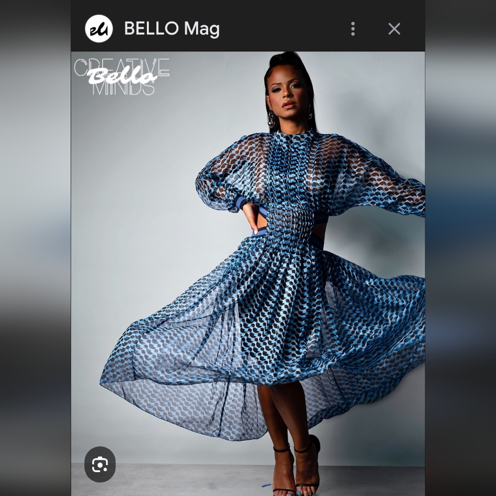 Blue Patterned Long-Sleeve Midi Dress - Picture 4 of 6